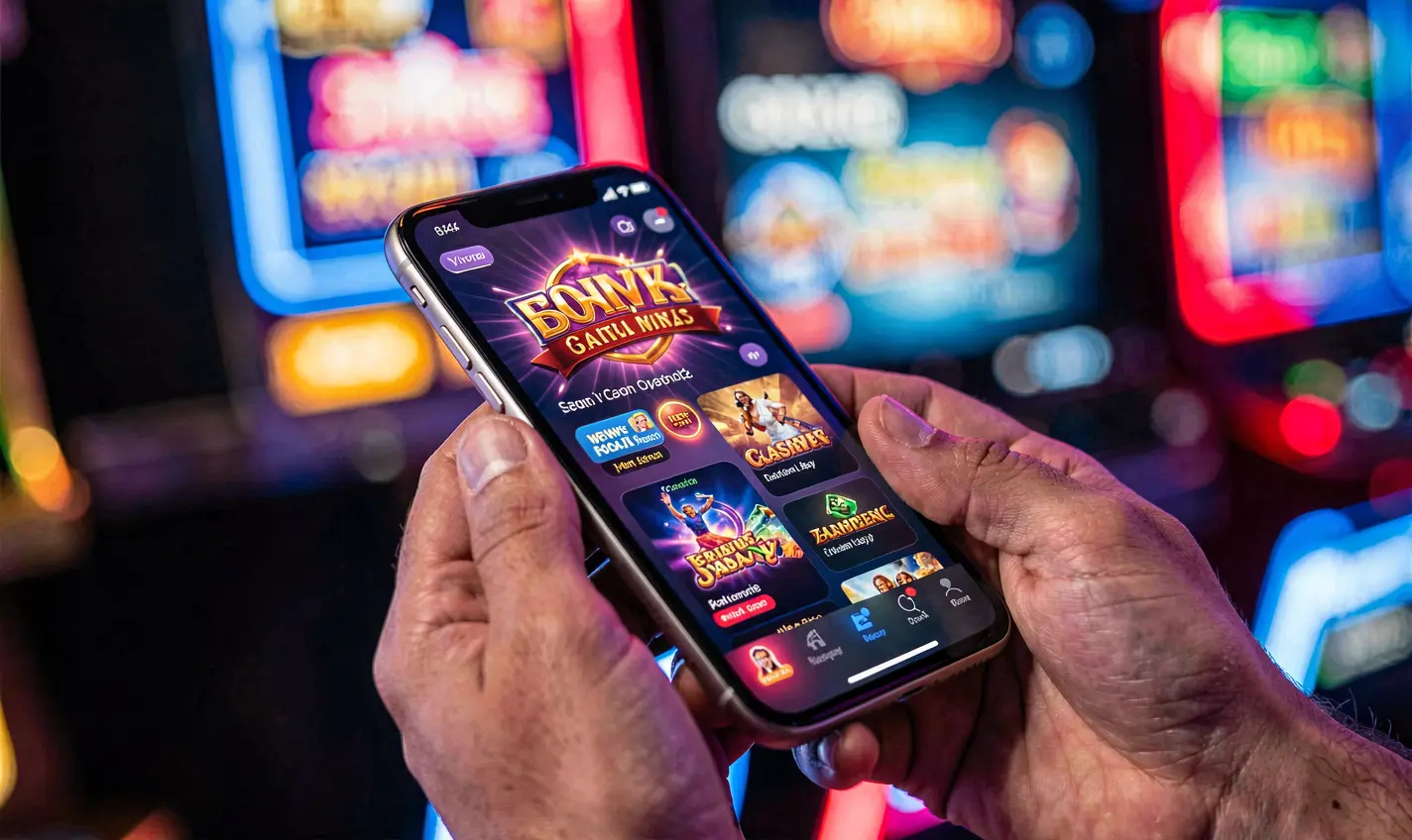 Close-up of a smartphone displaying the 62OK casino app with colorful slot games and neon city lights in the background