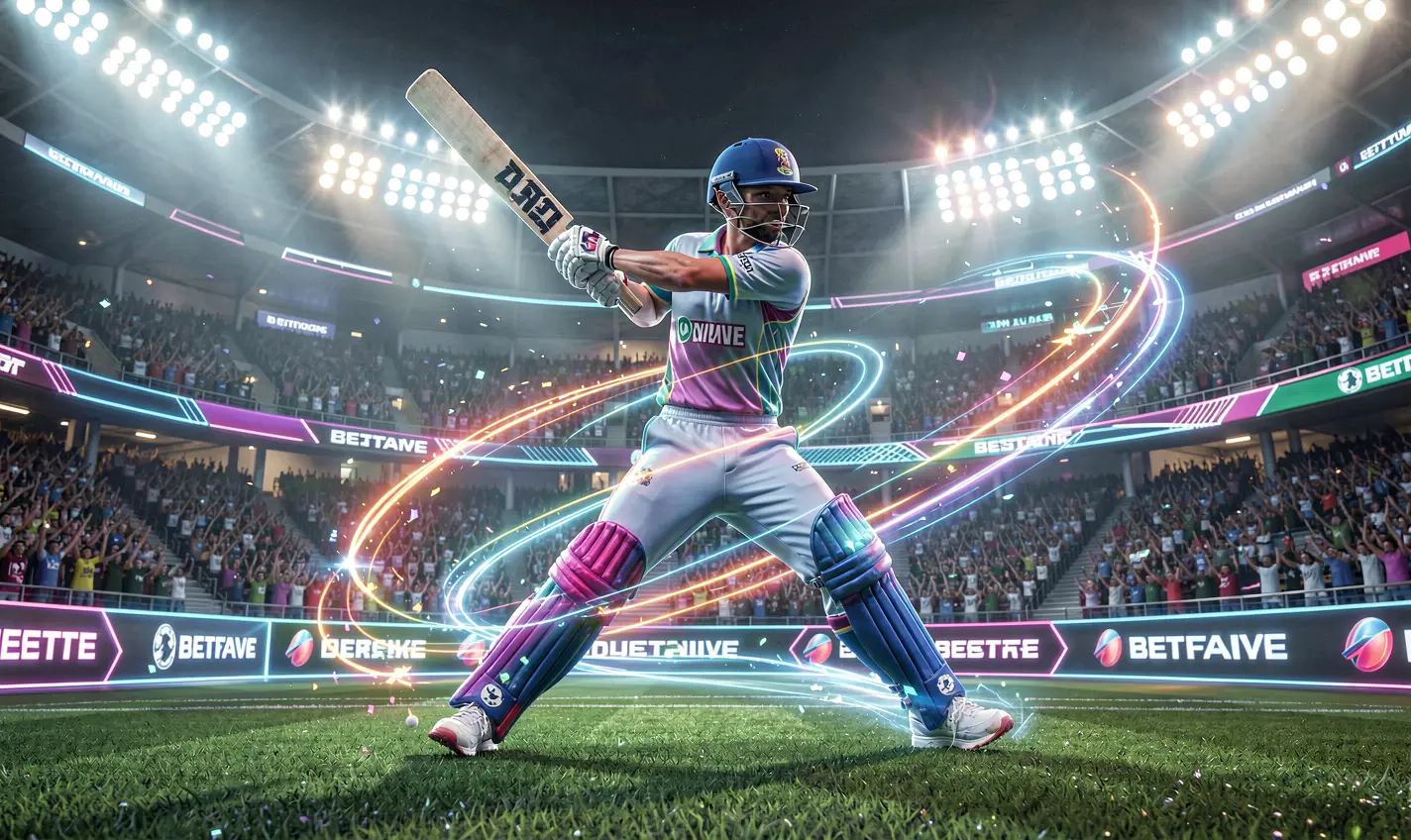 Futuristic cricket player in motion with glowing effects and dynamic stadium background representing high energy betting action on 62OK in Bangladesh