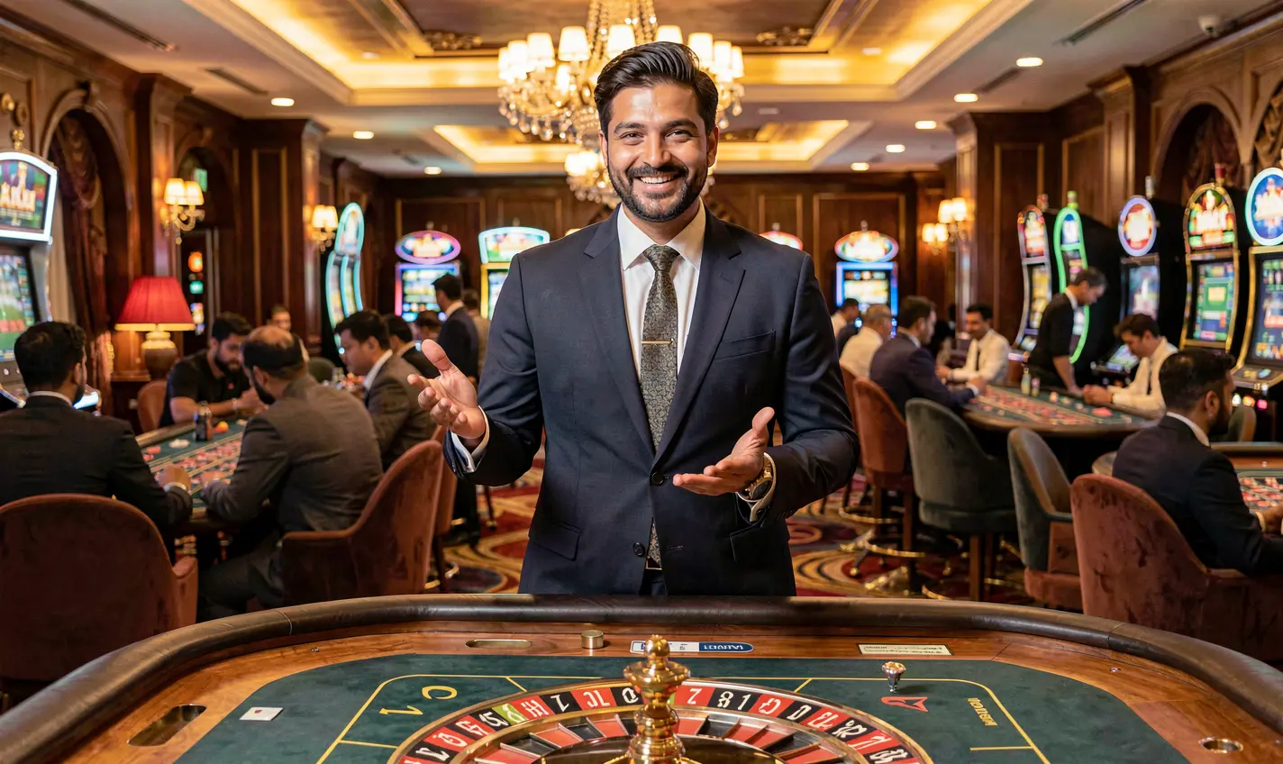 Elegant live casino dealer in a luxury suit presenting a roulette table in a glamorous studio atmosphere on 62OK Casino for players in Bangladesh